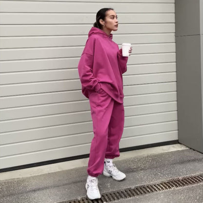 Conjunto deportivo básico informal de otoño para mujer, de manga larga, color liso, con capucha y pantalones de chándal