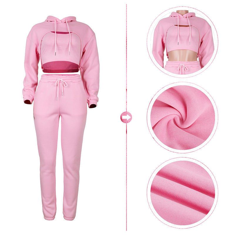 Women Casual Solid Color Long Sleeves Fleece-lined Hooded Top And Drawstring Waist Jogger Sweatpants With Tank Top Three Pieces Set