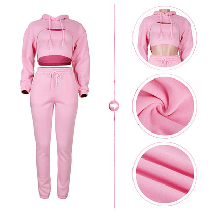 Women Casual Solid Color Long Sleeves Fleece-lined Hooded Top And Drawstring Waist Jogger Sweatpants With Tank Top Three Pieces Set