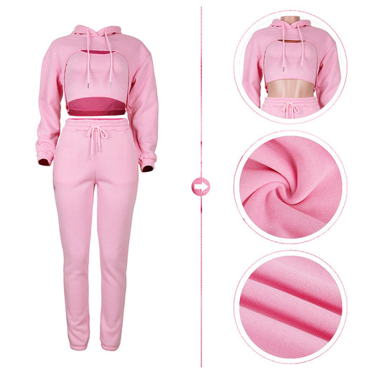 Women Casual Solid Color Long Sleeves Fleece-lined Hooded Top And Drawstring Waist Jogger Sweatpants With Tank Top Three Pieces Set