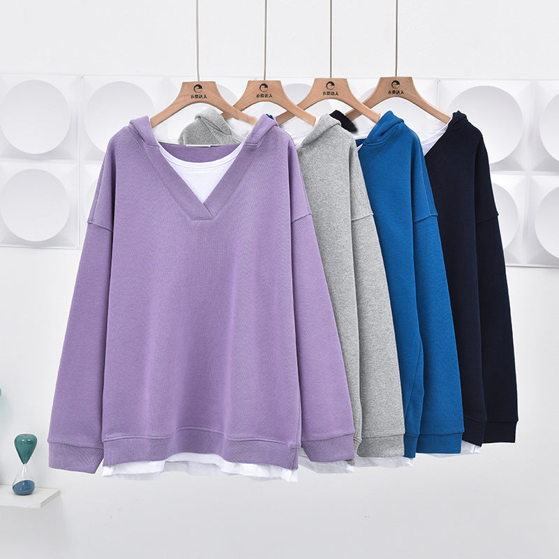 Sudadera con capucha informal de color liso con cuello en V y costuras para mujer