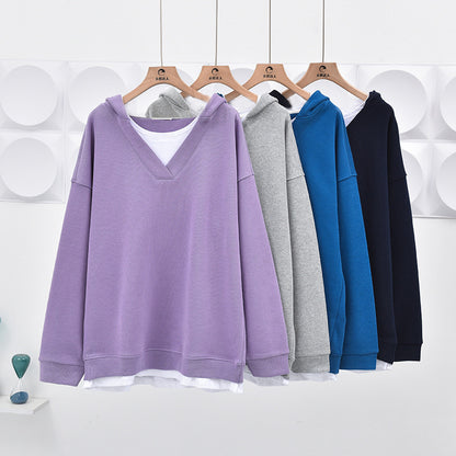 Sudadera con capucha informal de color liso con cuello en V y costuras para mujer