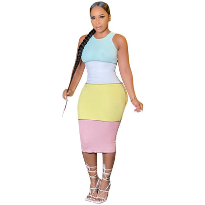 Women'S Fashion Casual Rib-Knit Color Blocking Slim Sleeveless Dress