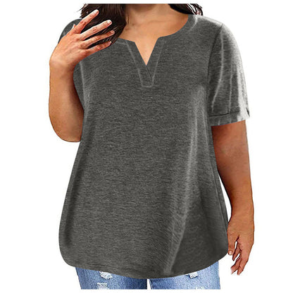 Women Casual Plus Size Solid Color V-Neck Short Sleeve Pocket T-Shirt