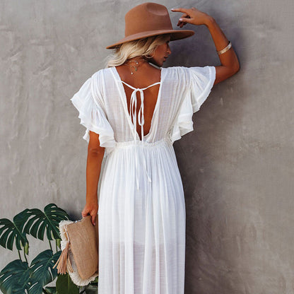 Traje de baño de playa informal holgado con cuello en V y manga corta de color liso para mujer