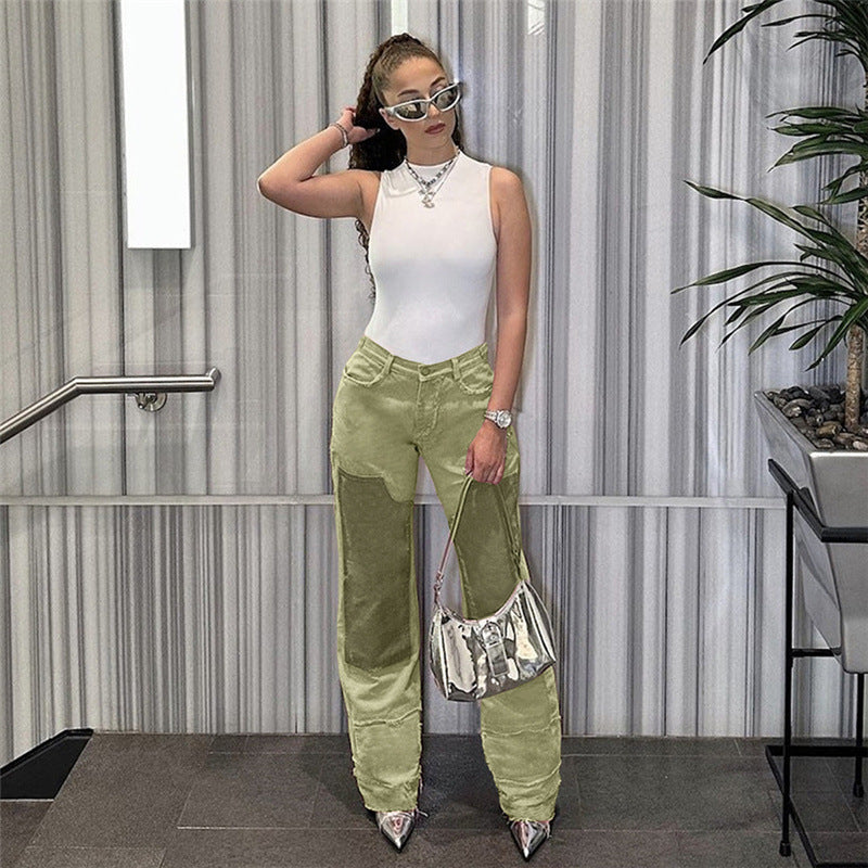 Vaqueros holgados de cintura alta con bloques de color informales a la moda para mujer