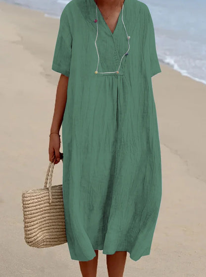 Vestido informal de lino y algodón con cuello en V y color liso para mujer