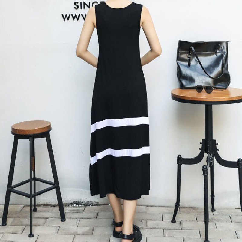 Summer Women Casual Loose Sleeveless Crewneck Maxi Dress