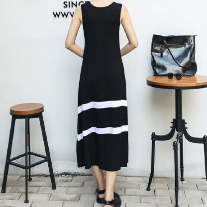 Summer Women Casual Loose Sleeveless Crewneck Maxi Dress