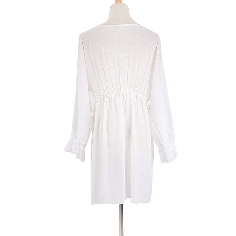 Women Solid Color V Neck Lace Lace Long Sleeve Loose Casual Beach Swimsuit Cover Up