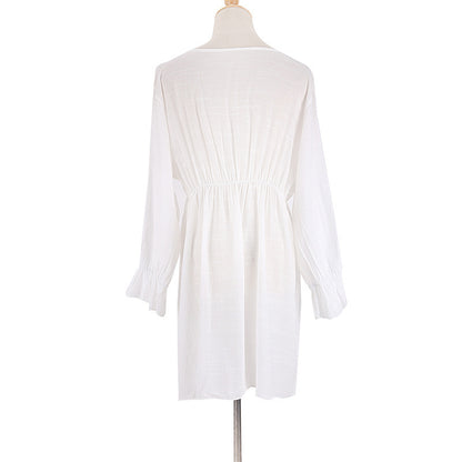 Women Solid Color V Neck Lace Lace Long Sleeve Loose Casual Beach Swimsuit Cover Up