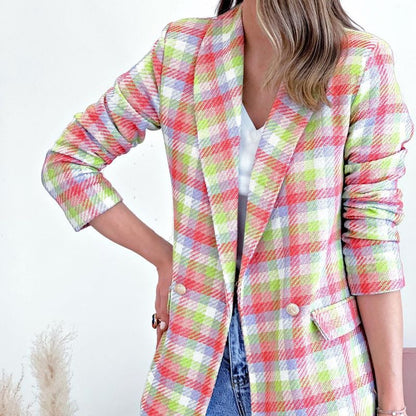 Chaqueta blazer cruzada con estampado a cuadros de manga larga informal para mujer