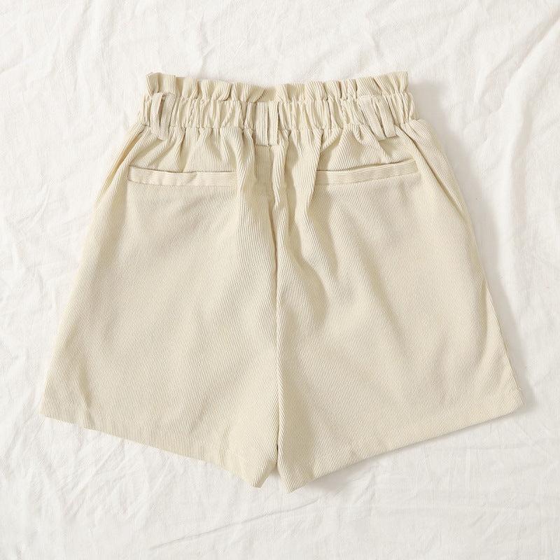 Women Solid Ruffle Elastic High Waist Casual Shorts