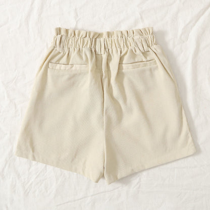 Women Solid Ruffle Elastic High Waist Casual Shorts