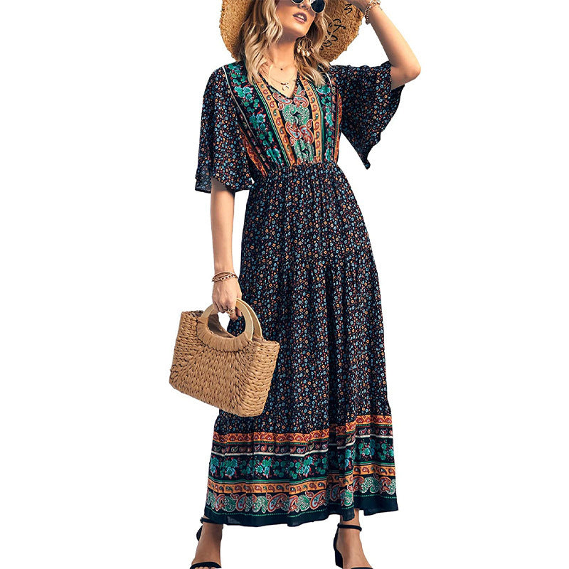 Women Bohemian Casual Floral Printing V-Neck Defined Waist Short Sleeve Dress