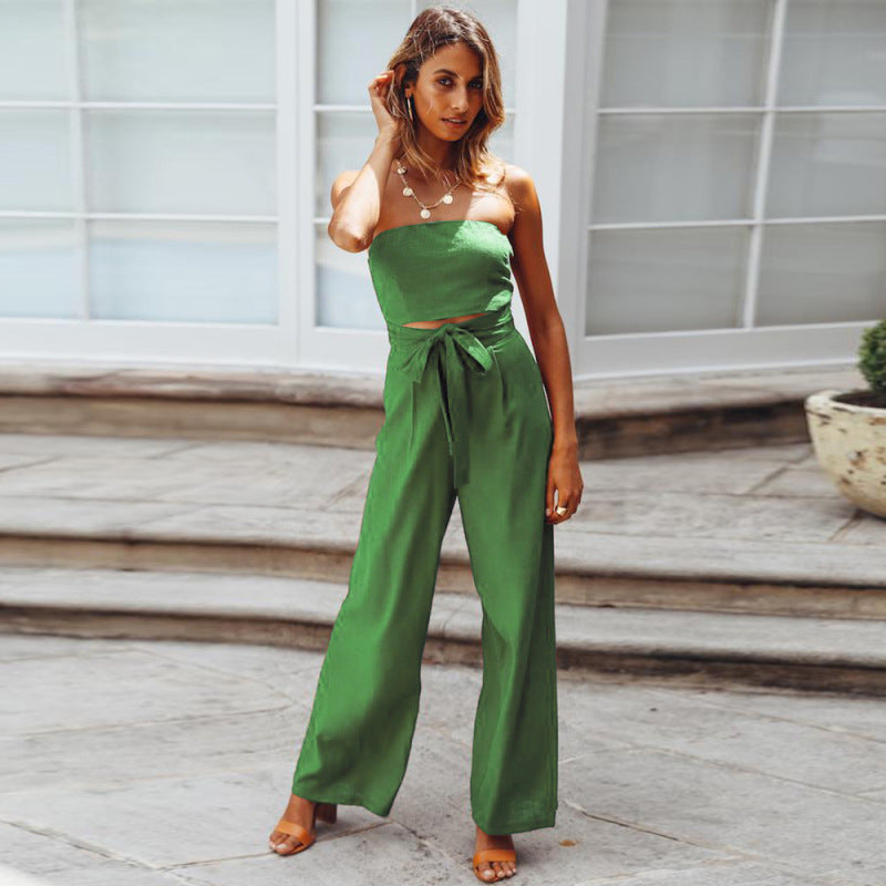 Women Casual Summer Solid Color Bandage Strapless Straight Jumpsuits