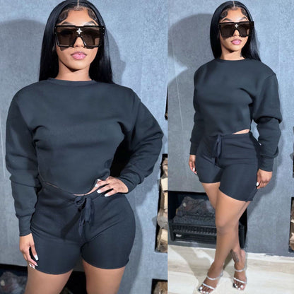 Women Solid Color Fashion Casual Long Sleeve Top Casual Shorts Set