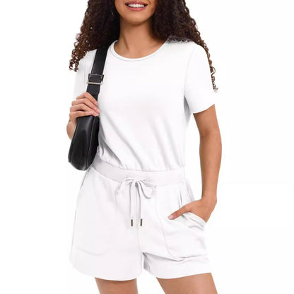 Women Casual Summer Short-Sleeved Loose Round Neck Solid Color Basic Rompers