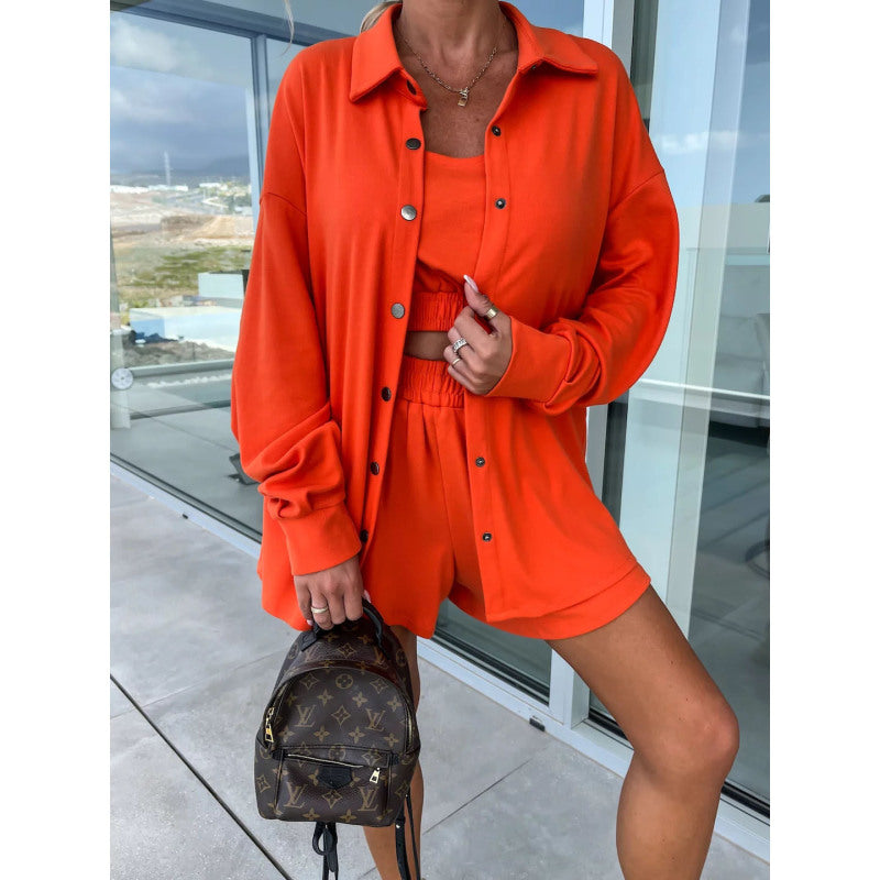 Conjunto de tres piezas de camisa de manga larga y blusa holgada de color liso informal de calle para mujer