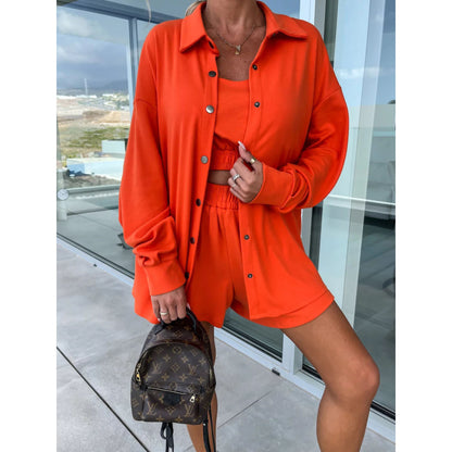 Conjunto de tres piezas de camisa de manga larga y blusa holgada de color liso informal de calle para mujer