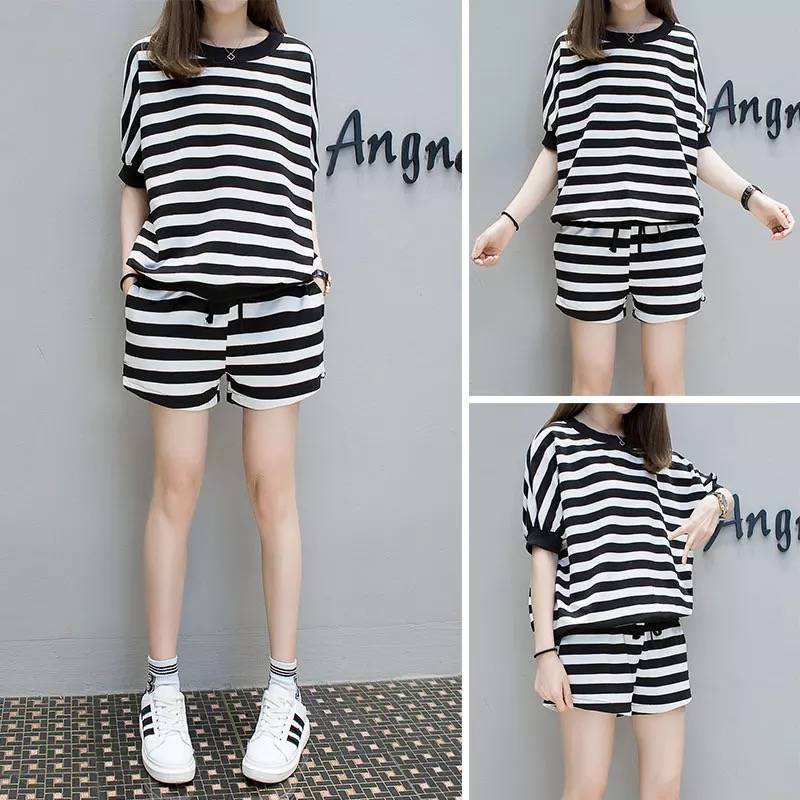 Summer Casual Women Basic Stripe Print Loose T-Shirt And Shorts Set