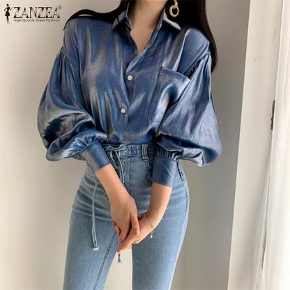 Blusa informal de manga larga abullonada con solapa elegante de color liso a la moda para mujer