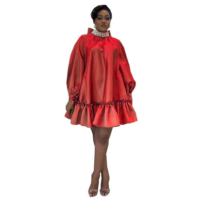 Women Casual Loose Solid Color Long Sleeve Pearl Bowknot Dress