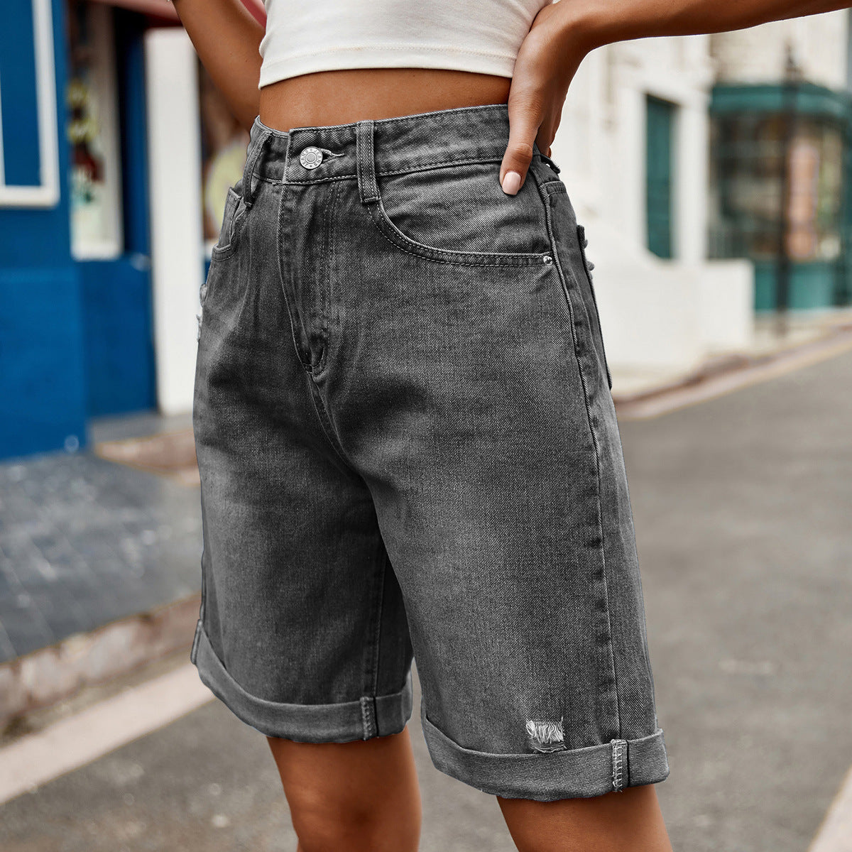 Women Casual Ripped Cropped Denim Shorts