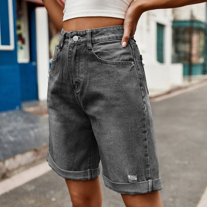 Women Casual Ripped Cropped Denim Shorts