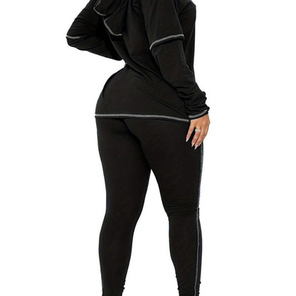 Conjunto de dos piezas de sudadera con capucha y pantalones ajustados de manga larga de color liso informal para mujer