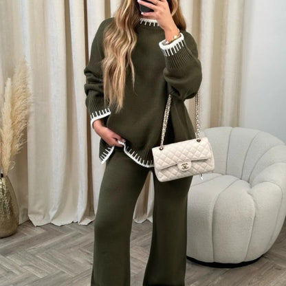 Casual Winter Fashion Solid Color Women Loose Knitted Sweater Pants Two-Piece Set