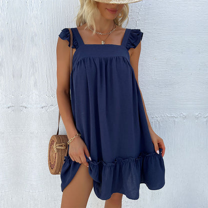 Women Casual Solid Color Loose Ruffled Sling Dress