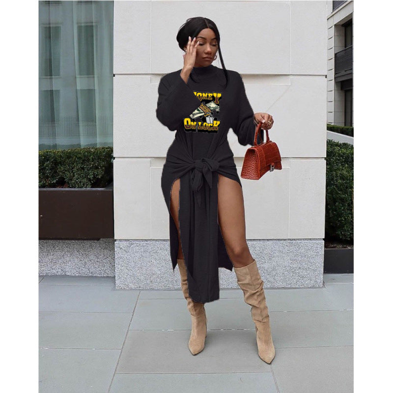 Women Casual Style Letter Cash Printing Pullover Rib-Knit Mid-Waist Bandage Dress