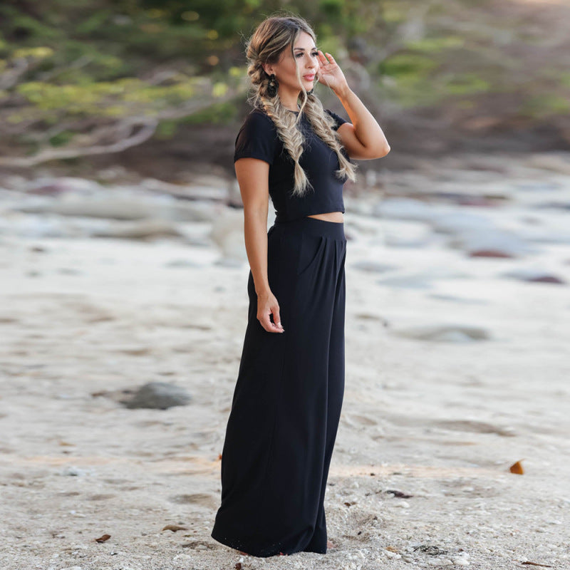 Conjunto de dos piezas de top de manga corta y pantalón ancho de color liso informal de verano para mujer
