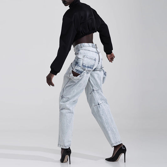 Women Fashion Casual Stitching Straight Leg Jeans