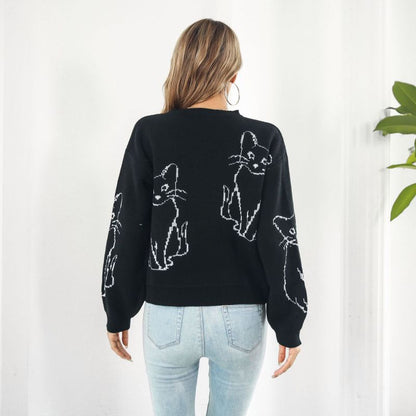 Suéter de punto con estampado de gato para mujer, informal, de invierno