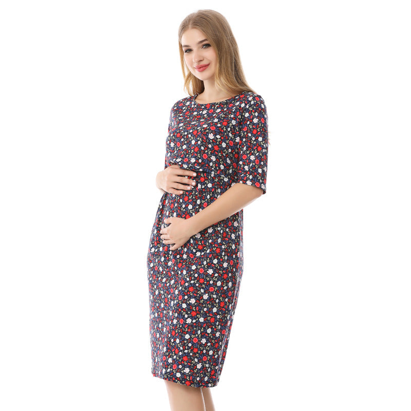 Vestido de lactancia de verano para embarazadas, informal, con estampado de flores pequeñas, cuello redondo y manga corta