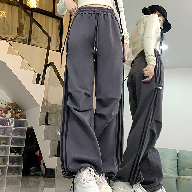 Wide-Leg Overalls Women Loose-Fit Straight Casual Stripe Cargo Pants