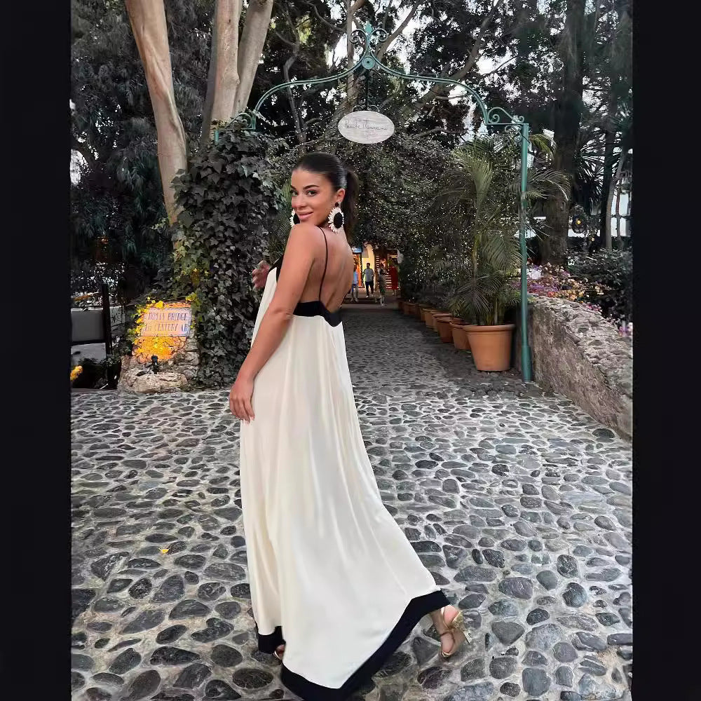 Women Summer Holiday Style Elegant Contrast V-Neck Spaghetti Sling Casual Maxi Dress