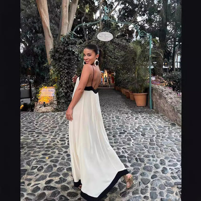 Women Summer Holiday Style Elegant Contrast V-Neck Spaghetti Sling Casual Maxi Dress