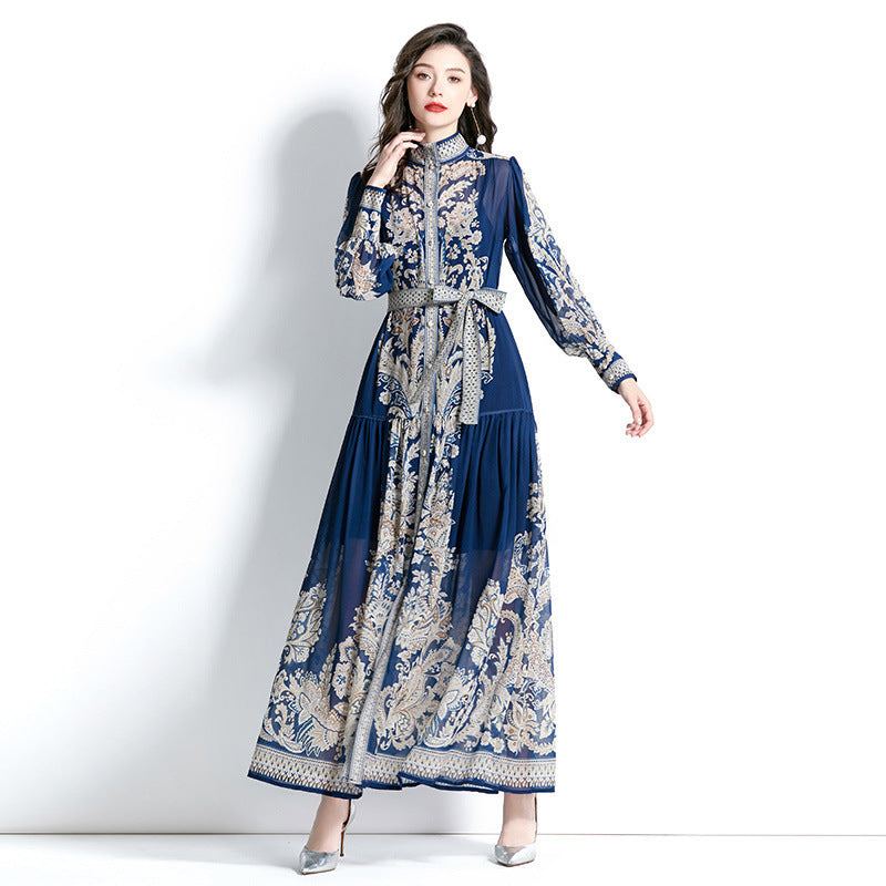 Women Elegant Retro Casual Chiffon Long-Sleeved Stand Collar Lantern Sleeve Tie-Up Print Dress