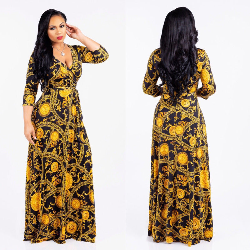 Women Fashion Casual Printed V-Neck Long Sleeve Dress