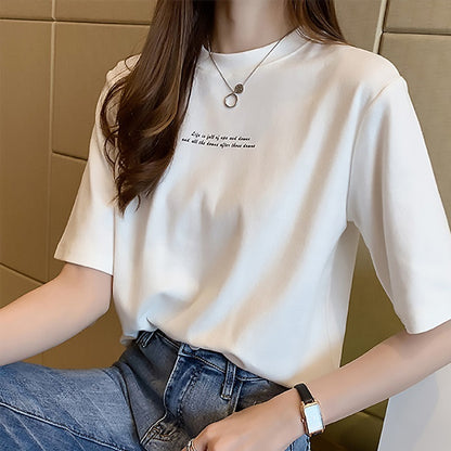 Camiseta informal de manga corta con cuello redondo y estampado de letras para mujer