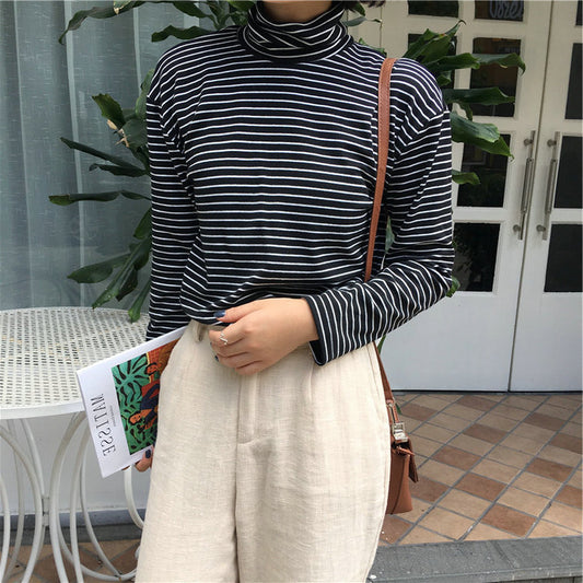Camiseta informal de manga larga con cuello alto y estampado de rayas para mujer