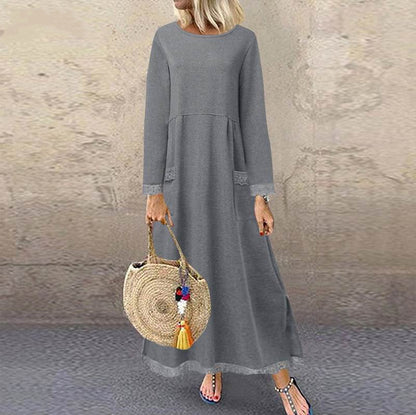 Vestido largo sencillo de color liso con mangas largas y costuras de encaje para mujer