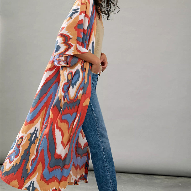 Chaqueta tipo cárdigan larga con estampado gráfico informal a la moda para mujer