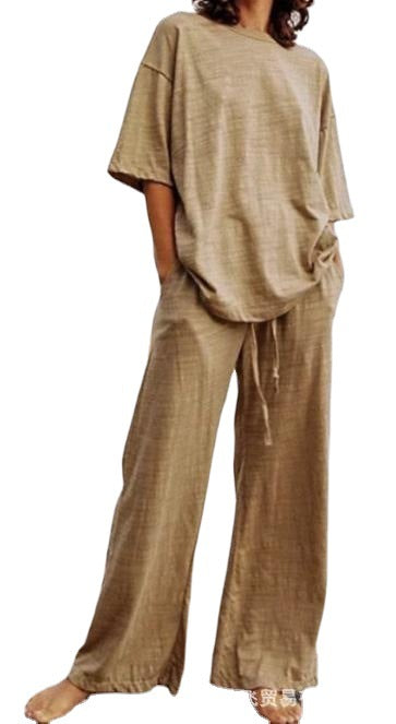 Women Fashion Casual Plus Size Solid Color Round Neck Short Sleeve Top Drawstring Wide Leg Pants Two-Piece Set