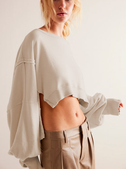 Sudadera corta informal de manga larga con cuello redondo y color liso para mujer