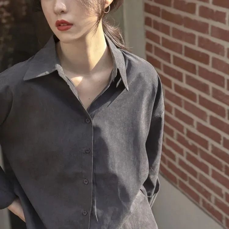 Women Fashion Office Casual Solid Color Long Sleeve Lapel Shirt Blouse