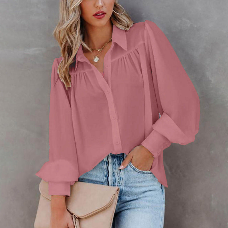 Casual Elegant Women Office Chic Solid Color Lapel Shirt Blouse